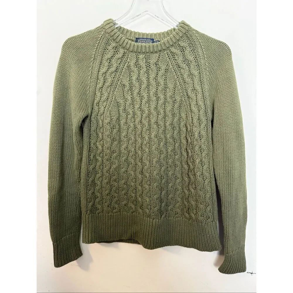 Pendleton Cable Knit Cotton Crewneck Pullover Sweater Olive Green Small Petite